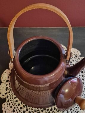 Brown Ceramic Tea Kettle with Wooden Handle